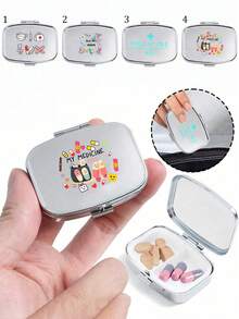 Square Pill Box, Printed With Capsule, Tablet, Letter, Medicine Bottle Patterns, Portable Medication Storage Compartment, Mini Metal Storage Box, Portable Jewelry And Pill Box, Travel Pill Box, Large Capacity Compartment, Weekly Medication Organizer, Suitable For Daily Medication And Vitamins, Essential For Doctors And Nurses, Emergency Needs, Travel, Hiking Emergency Rescue, Personalized Creative Gift With Cartoon Logo, Only Empty Box - Multicolor - View 3