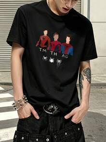 Marvel Spider-Man Trio Design TM TH AG Graphic T-Shirt 100% Cotton Men's Clothing Loose T-Shirt Summer Holiday Outfits Marvel Series Men's Gifts Streetwear - 黑色 - 查看 5