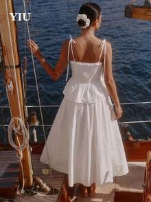 Elegant Women's White Non-Stretch Camisole Tank Top With Ruffle Trim And Pleated Hem Design, Suitable For Daily Wear And Vacation - White - View 4