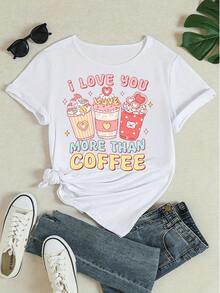 Tricou damă din bumbac pur, cu mânecă scurtă, imprimare grafică cu cană de cafea drăguță "I Love You", top casual pentru purtare zilnică - alb - Vizualizare 4