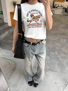 A Round Neck Short Sleeve T-Shirt With A Stylish White Lettering Print, A Loose Top That Goes Well With Summer Fashion - White - View 2
