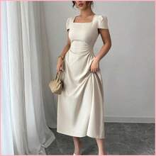 Vestido camisero de mujer de unicolor elegante con cuello redondo, cintura ceñida, manga abullonada y largo midi para el trabajo, vacaciones y té de la tarde, primavera/verano - Azul marino - Ver 8