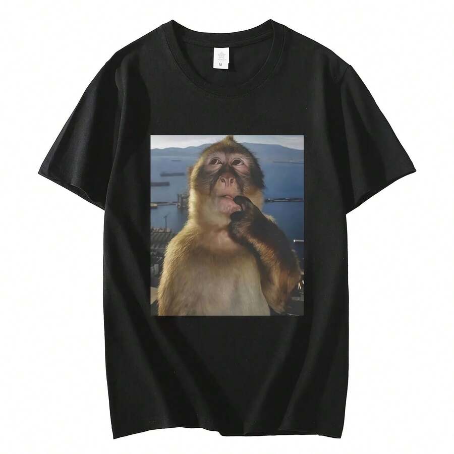 Camisetas gráficas Thinking Funny Monkey Meme para hombre y mujer, camiseta de moda de al por menor, camisetas holgadas informales de algodón para verano - Multicolor - Ver 1