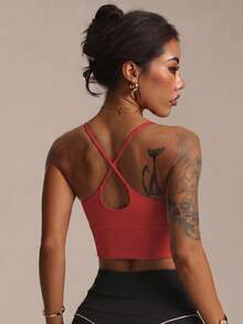 Sujetador deportivo de punto de unicolor con tirantes cruzados inalámbricos de moda para mujer, primavera - Rojo - Ver 2