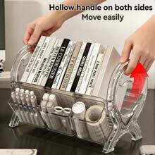 1pc Clear/Black Acrylic Desk Organizer With Bookend, 2-In-1 Desktop Storage Rack For Books, Stationery, Magazines & Vinyl Records, Multi-Compartment Office Organizer For Home, School & Office - Multicolor - View 2