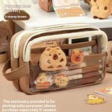 Capybara‑Print Pen Bag, Large‑Capacity Transparent Stationery Pouch With Handle, Multifunctional Pencil Case In Maillard‑Inspired Tones - Brown - View 14