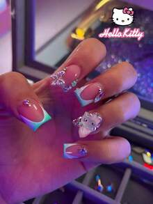 Sanrio Hello Kitty 24pcs Short Square 3d Gel & Gradient French Tip Press On Nails With Cute Three-Dimensional Hello Kitty,Diamond Butterfly, Flower, Rhinestone And Heart Decoration,Perfect Fit False Nail Set,For Woman & Girl Daily Wear Rave Party Use - Multicolor - View 2