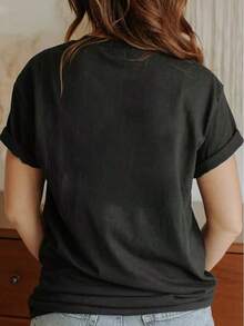 Camiseta de Mujer Estampada con Flores, Manga Corta y Cuello Redondo, Ligera y Transpirable para Primavera y Verano Blusa ligera con estampado de gato Patrón geométrico - Negro - Ver 2