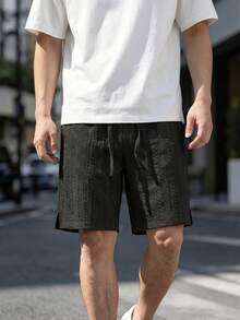 Shorts de punto texturizado para hombre para la temporada de vuelta a la escuela, shorts de uso diario con cintura con cordón, diseño de abertura lateral - Negro - Ver 3