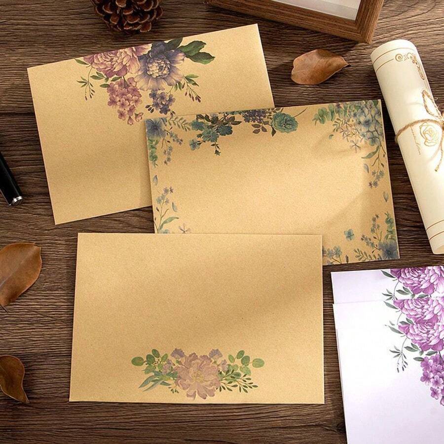 20/50/100pcs Floral Kraft Envelopes, Self-Seal Invitation Envelopes For Wedding Invitations, Greeting Cards, Handmade Cards, Party Favors - A - View 1