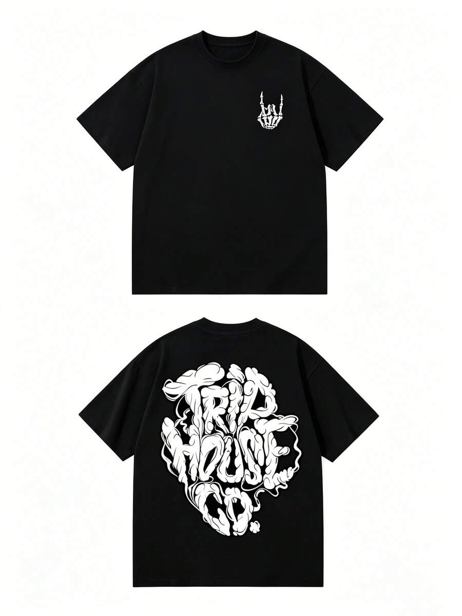 Men's Cotton Blend T-Shirt With Graffiti Print - Stylish For Everyday Wear - 黑色 - 查看 1