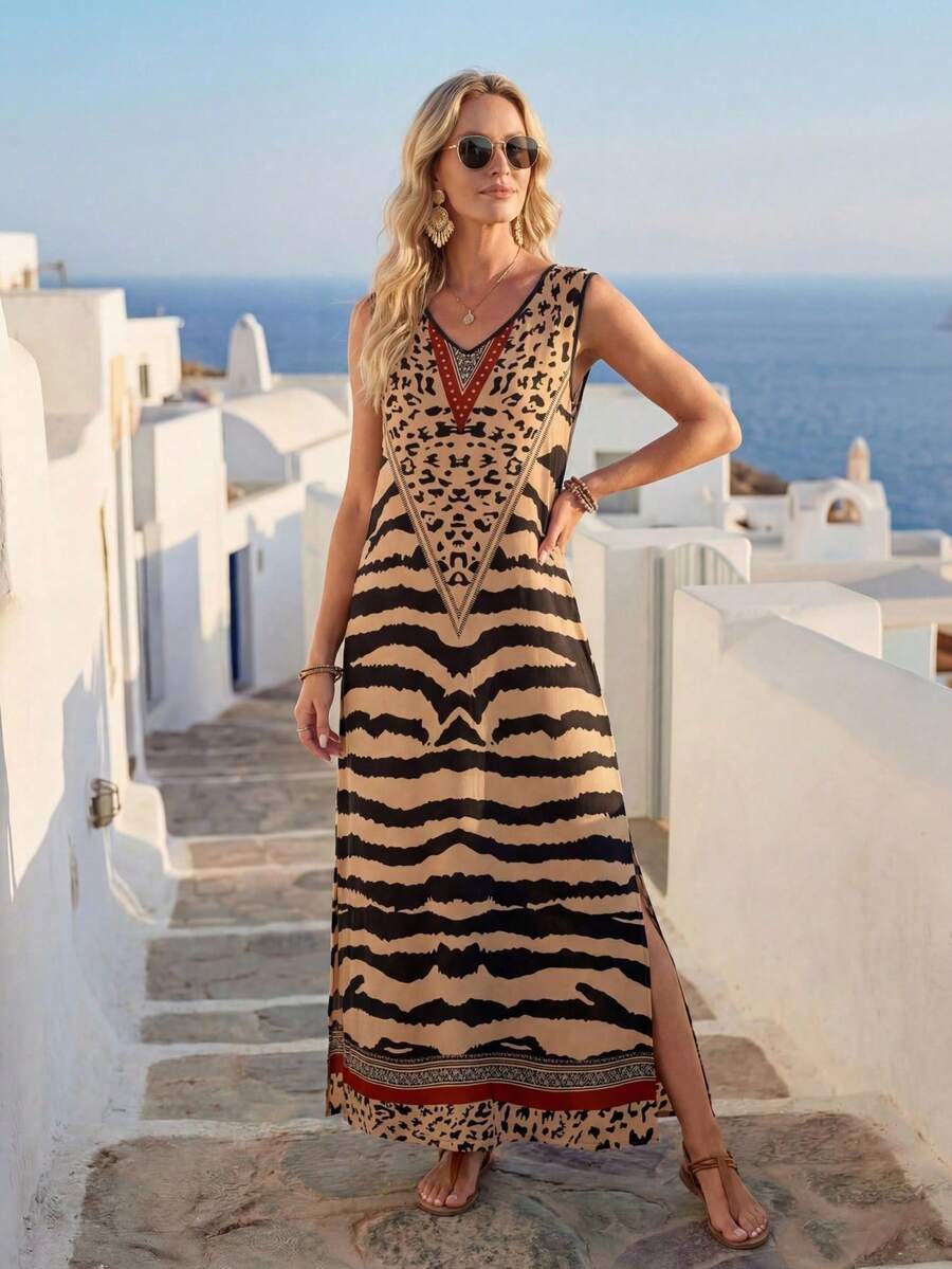 Vestido suelto de verano con cuello en V y estampado tropical de plantas para vacaciones en la playa - Multicolor 15 - Ver 1