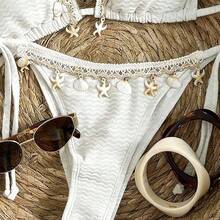 YijiaNvz Swim Vcay Conjunto de bikini con textura de tela, tirantes tejidos y decoración de conchas marinas para vacaciones de mujer - Morado - Ver 4