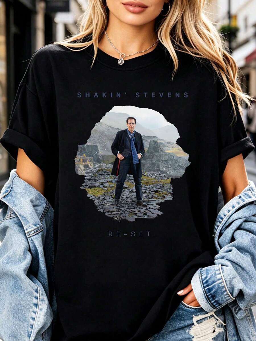 Shakin Stevens "Re Set" Album Cover T-Shirt - Unisex 6AZF - 黑色 - 查看 1
