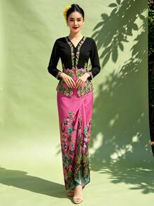 Saruang Kebaya For Women, Nyonya Kebaya 1pc Floral Print Elegant Skirt, Spring/Summer (Top Not Included) - Red - View 5