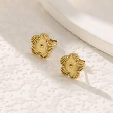 3pcs Exquisite Niche Fashion Five-Petal Flower Stud Earrings With Plated Petal Design, Women's Floral Ear Jewelry And Necklace - Multicolor - View 4