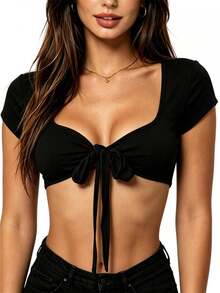 Womens Crop Tops Short Sleeve Cross Wrap V Neck Solid Color Ribbed Slim Fit Summer Shirt - Black - View 1