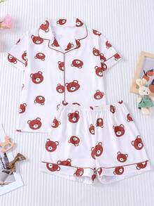 2pcs Tween Girl All-Over Print Cute Brown Bear Head Graphic Pajama Set, Short Sleeve & Shorts, Lapel Collar, Button-Up Front, Soft Skin-Friendly Moisture-Wicking Fabric, Loose Fit, Comfortable & Free Movement, Suitable For All Seasons, Outdoor, Party, Daily Wear, Home & Casual - White - View 13