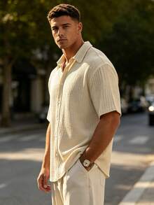 Men's Casual Short-Sleeve Cotton Shirt, Loose And Lightweight - Khaki - View 3