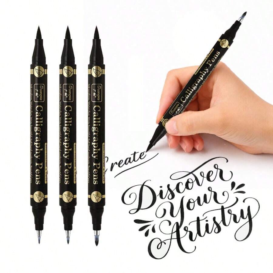 3pcs/Set Dual-Tip Calligraphy Pens, 4 Different Tip Sizes (Extra Fine/Fine/Medium/Bold), Black Ink Marker Pens, Suitable For Calligraphy, Hand Lettering, Drawing, Bullet Journaling, Signing And Artistic Writing - Dual-tip - View 1