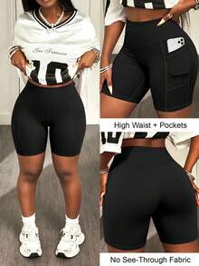Summer New Women's Plus Size Solid Color Tummy Control Elastic Sports Shorts With Side Pockets, Versatile Retro Minimalist Slimming High Waist Black - Black - View 2
