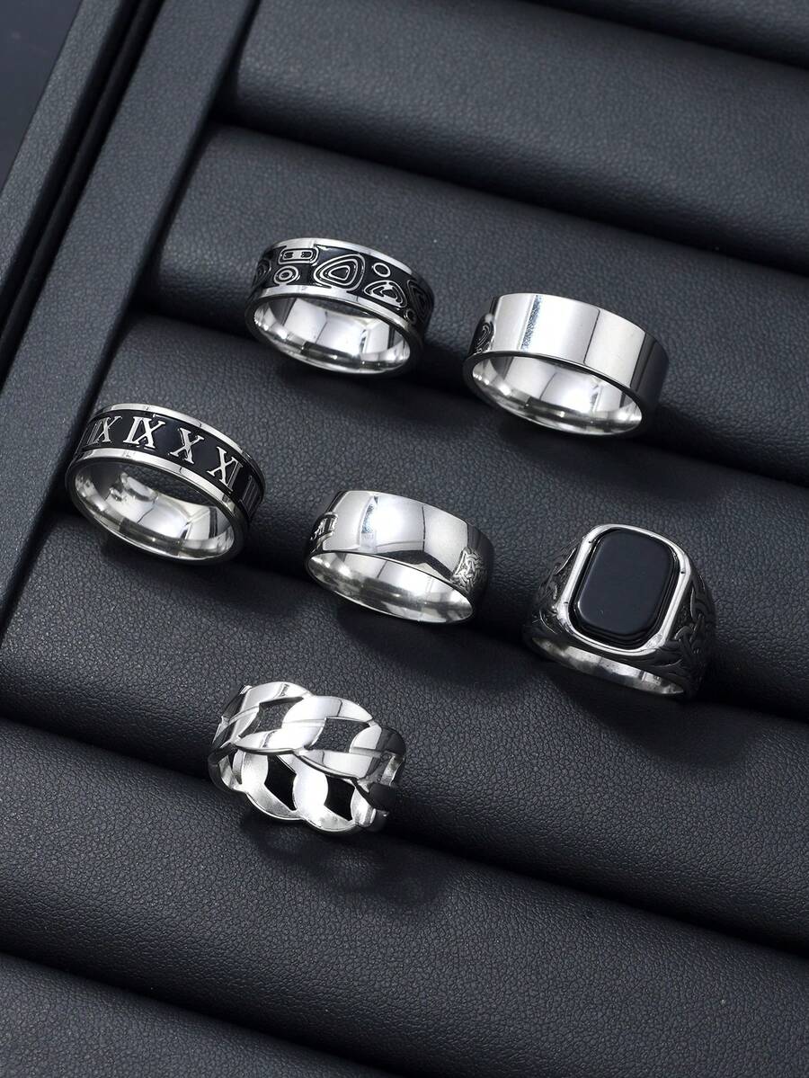 6pcs Dark Style Stainless Steel Men's Rings, Roman Numeral Black Agate Geometric Men's Rings, Daily Versatile Accessories - Multicolor - View 1
