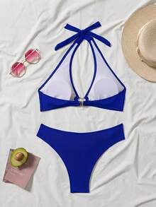 New 2026 Model: Women's Heart-Shaped Neck Tie Bikini Set - 皇家藍 - 查看 3