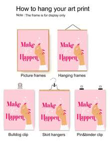 1件裝「Make It Happen」粉色勵志語錄帆布壁畫，唯美女性風牆面裝飾，適合臥室、客廳與居家辦公室的激勵語錄海報，無框居家美學牆飾 - 彩色 - 查看 4