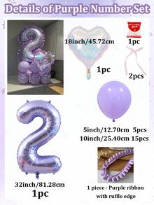26件/組，紫色K-Pop生日主題數字氣球組，包含0-9紫色數字、馬卡龍紫色乳膠氣球、紫色荷葉邊緞面蕾絲飾帶、彩色愛心氣球，適用於K-Pop主題派對、生日、週年慶派對拱門裝飾 - 紫花邊數字 - 查看 14