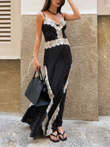 Vestido Largo Mujer de Lunares con Encaje Escote V Tirantes Finos Abertura Asimétrica Elegante para Boda y Fiesta - Negro - Ver 3