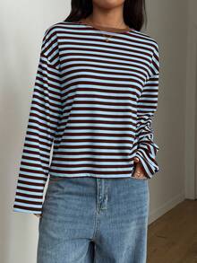 SDNGED Women's Casual Top, Striped Color Block Ribbed Fabric, Everyday Wear Spring/Autumn - Blue-brown - View 3