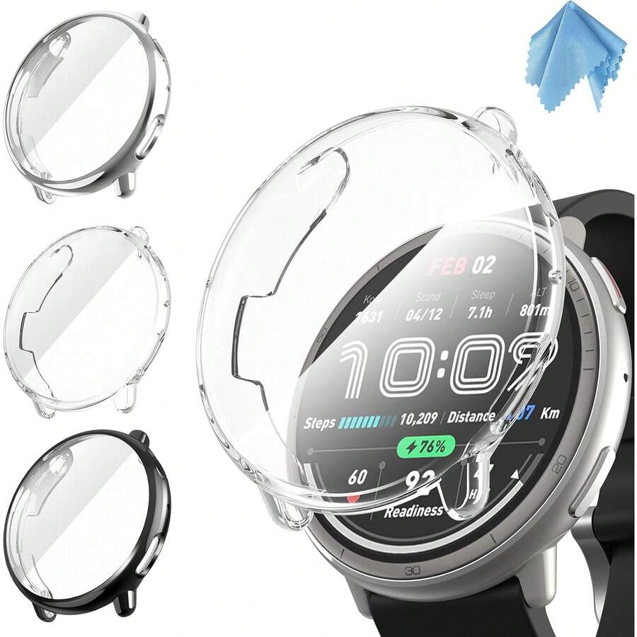 3 Paquetes Protector de Pantalla Funda Compatible con Amazit Active 2, Funda Protectora Completa con Parachoques de TPU Suave Chapado a Prueba de Arañazos, Negro/Transparente/Plata - Negro/Transparente/Plata - Ver 1