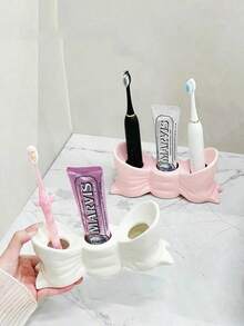 2pcs Cute Pink Ceramic Bow Bathroom Accessory Set, Toothbrush Holder And Soap Dish, Creative Bow Design Countertop Storage Box, Girls Bathroom Decor Home Essentials - A - View 8