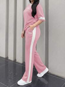Women's New Round Neck Short Sleeve T-Shirt And Elastic Waist Loose Pants 2 Pieces Set, Suitable For Spring, Summer And Autumn Pink Elegant - Pink - View 4