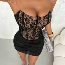 Soqi Women's Clothing  Vestido camisero sexy de mujer con encaje y volantes de contraste - Negro - Ver 2