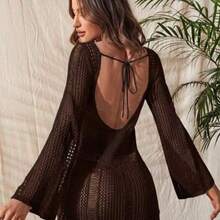 Nana's Women's Clothing Store Swim Chiccia Vestido transparente de manga larga con nudo delantero y espalda descubierta de unicolor - Café integral - Ver 1
