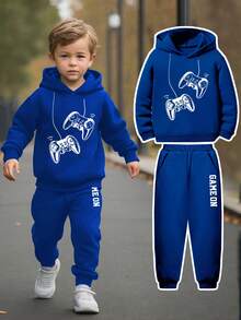 Toddler Letter Pattern Warm Hoodie And Sweatpants - Blue - View 7