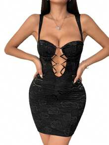 Nuevo Vestido Ceñido Calado con Aros Decorativos - Negro - Ver 4
