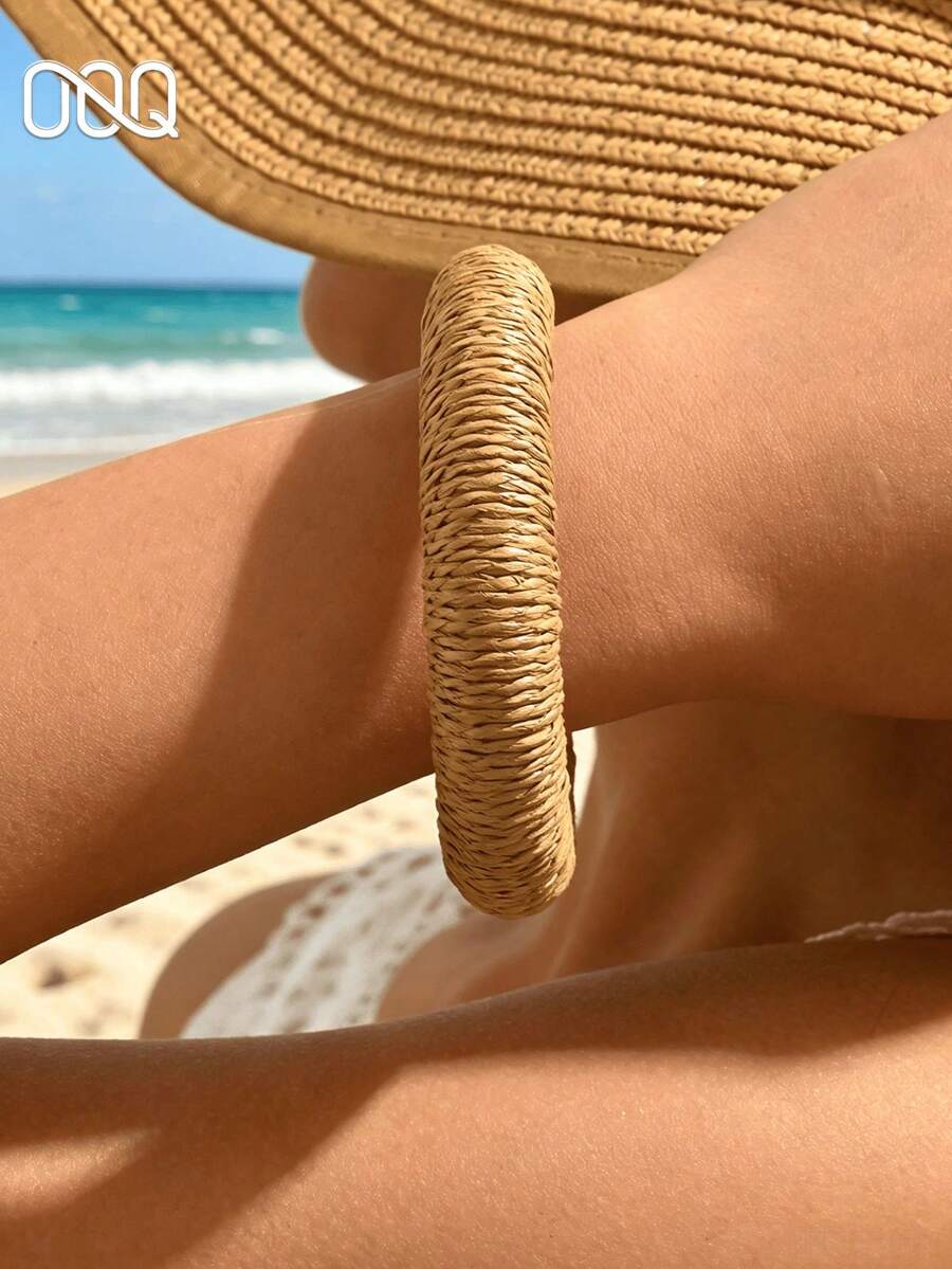OOQ 1pc Minimalist Style Raffia Plain Hoop Bracelet For Women, Elegant Fashion Simple Casual Versatile Bangle, Suitable For Daily Commute, Gatherings, Holidays, Gifts (Handmade Raffia Weaving, Random Direction And Shape) - Khaki - View 1