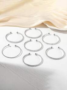7pcs/Set Juego de Brazaletes Dorados - Brazaletes Apilables Multicapa con Textura Estilo Bohemio Joyería - Plateado - Ver 6