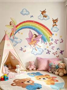 Rainbow Fairy Deer Wall Decal, Butterfly Cloud Floral Sticker, Home Wall Art Decor, Nursery Girls Room, Removable Self-Adhesive Room Art - Multicolor - View 8