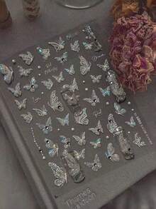 1pc Elegant White Butterfly Nail Sticker, Lace Texture With Pearl And Sparkling Rhinestone Decoration, Suitable For Wedding And Party Nail Art - Butterfly - View 2