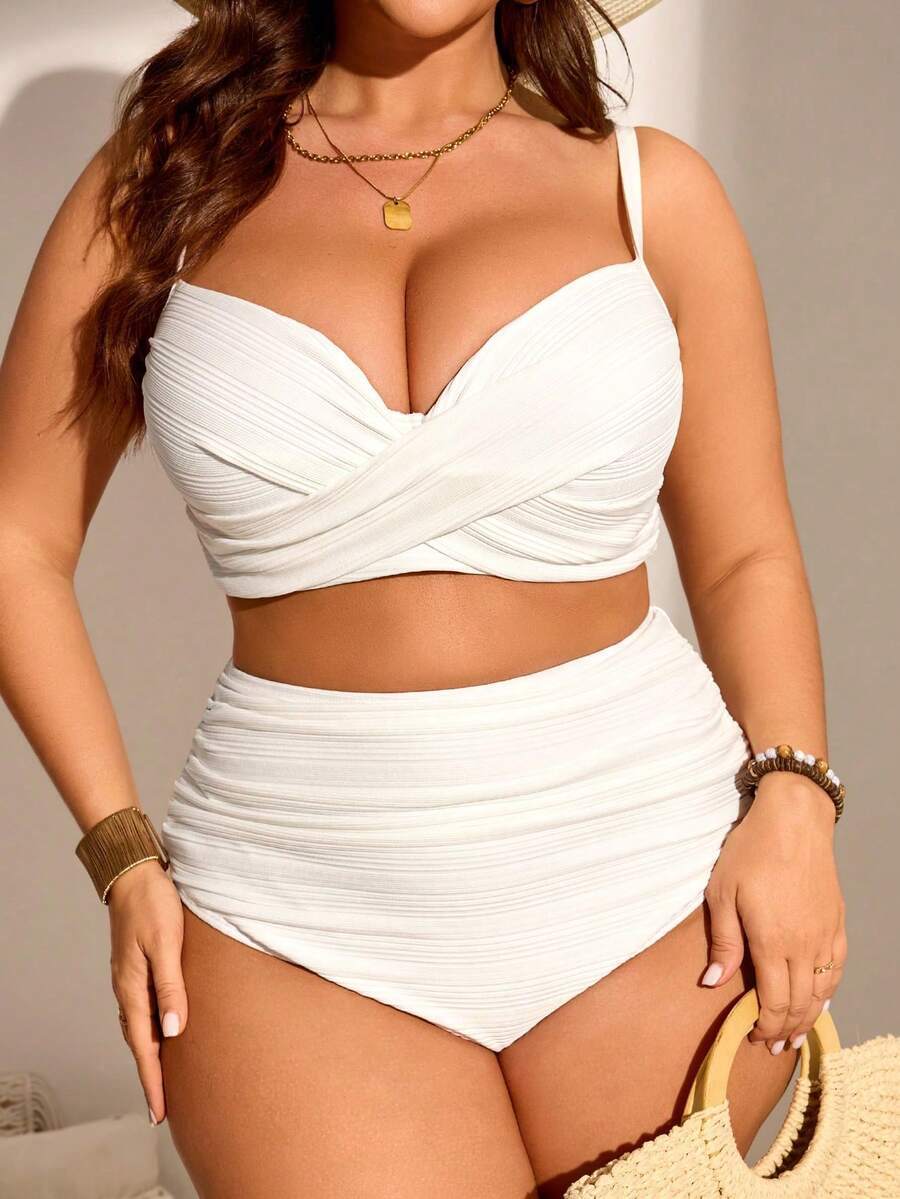 Swim Lushoire Conjunto de bikini tankini de talla de unicolor con recogido para la playa de verano - Camel - Ver 1