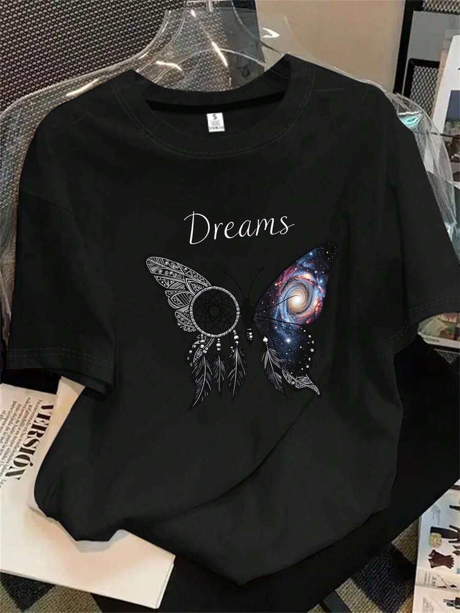 Camiseta estampada para mujer, 1 unidad, manga corta, primavera/verano, el regalo perfecto para las fiestas. - Negro - Ver 1