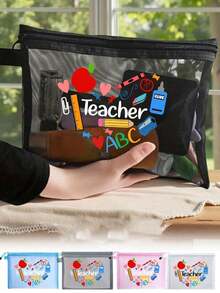 Buchstaben-Muster Mesh Tasche, bedruckter Reißverschluss Kosmetiktasche für Frauen, transparente Mesh Aufbewahrungstasche, Kulturtasche, Geschenk für sie, geeignet für Make-up Aufbewahrung, College Wohnheim, Damen Reisen, Geschenktasche, Lehrertag Geschenk, tragbare Einkaufstasche, faltbare Aufbewahrungstasche, minimalistische Einkaufstasche Make-up Tasche - Verschiedenfarbig - Übersicht 1