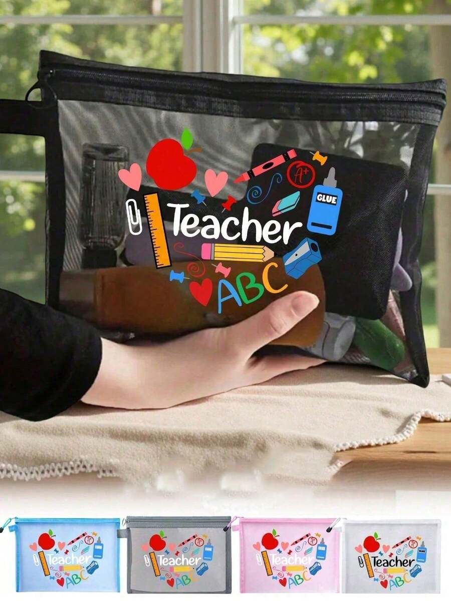 Buchstaben-Muster Mesh Tasche, bedruckter Reißverschluss Kosmetiktasche für Frauen, transparente Mesh Aufbewahrungstasche, Kulturtasche, Geschenk für sie, geeignet für Make-up Aufbewahrung, College Wohnheim, Damen Reisen, Geschenktasche, Lehrertag Geschenk, tragbare Einkaufstasche, faltbare Aufbewahrungstasche, minimalistische Einkaufstasche Make-up Tasche - Verschiedenfarbig - Übersicht 1
