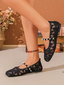Chaussures Mary Jane en dentelle et perles, bout carré, empeigne basse, chaussures en maille respirante, style féerique printemps/été, semelle souple, chaussures plates de ville - Noir - Voir 3