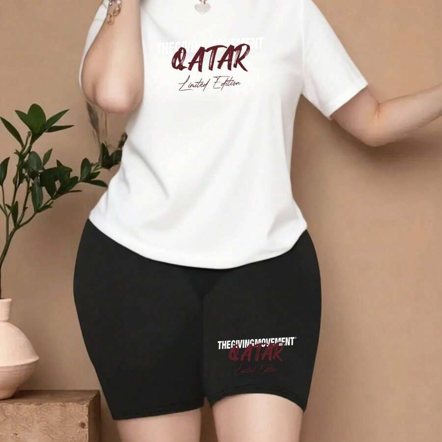 Camiseta Mujer Texto Qatar Diseño Tipográfico Original, Blusa Básica Holgada de Algodón Transpirable para Uso Diario - Blanco - Ver 1