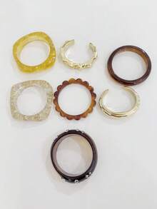 imoli 7pcs/Vintage Tortoise Shell Resin And Gold Polished Stackable Wide Round Bangles Metal Inlaid Bracelets With Gold Foil Decoration, Personalized Wrist Jewelry, Suitable For Beach Vacation, Daily Wear, Party, Club, Date - Multicolor - View 7