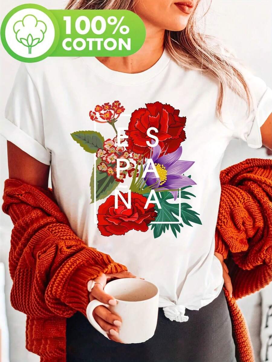 Camiseta Feminina com Estampa de Flores Inspiradas na Espanha, Manga Curta Casual e Estilo Leve para o Dia a Dia - Branco - Visão 1